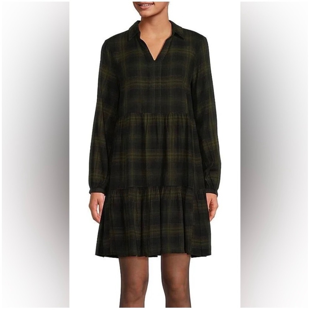 Beachlunchlounge Cotton Blend Dress Green Plaid Tiered Babydoll Grunge Preppy